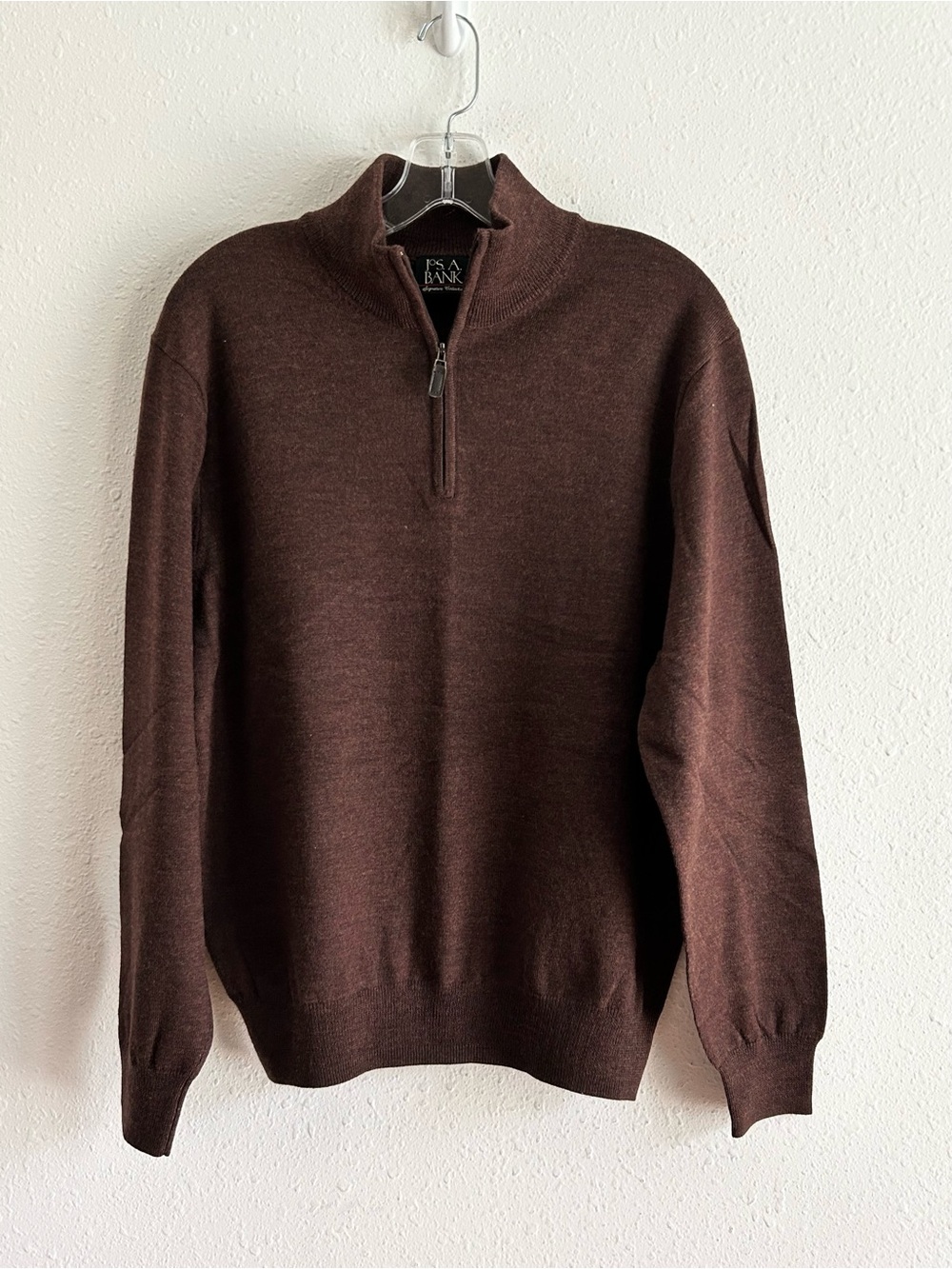 Jos A Bank Signature Sweater Men's Size M Brown Merino Wool 1/4 Zip Pullover